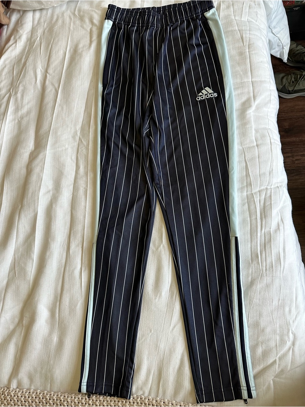 adidas Black Pinstripe Joggers with Light Blue Side Panels